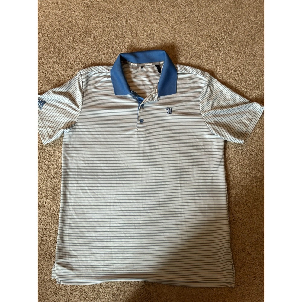 Adidas Polo Mens Medium Blue White Striped Golf Adi Pure Short Sleeve Collared